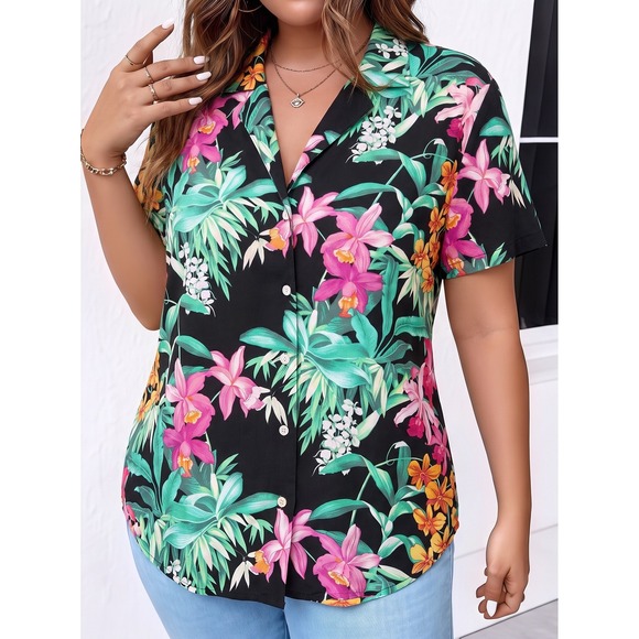 Tommy Bahama Tops - Tommy Bahama 100% Silk Tropical Floral Orchid Shirt Black Large Short Sleeve